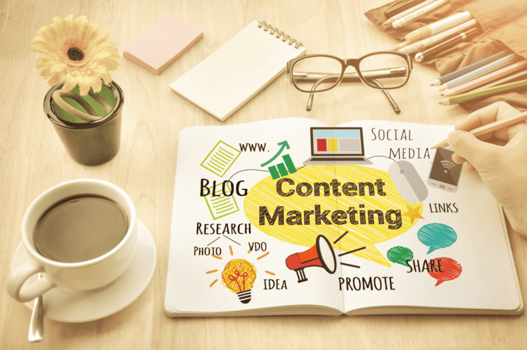Illustration of a person writing on a piece of paper with keywords related to content marketing such as 'blog', 'ideas', 'research', and 'content marketing'